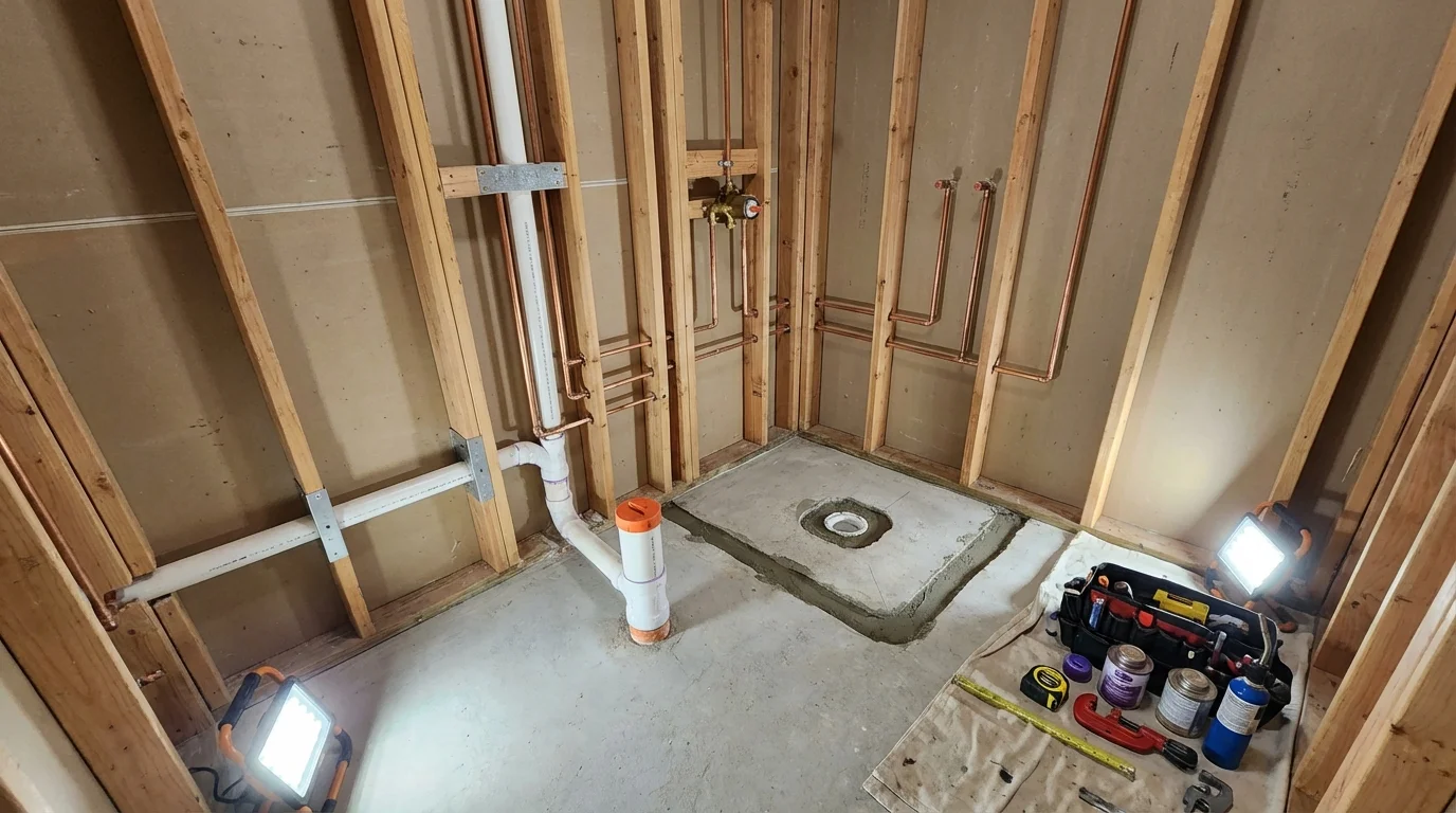 Bathroom rough-in plumbing during remodel by Johns Plumbing LLC in Heyworth