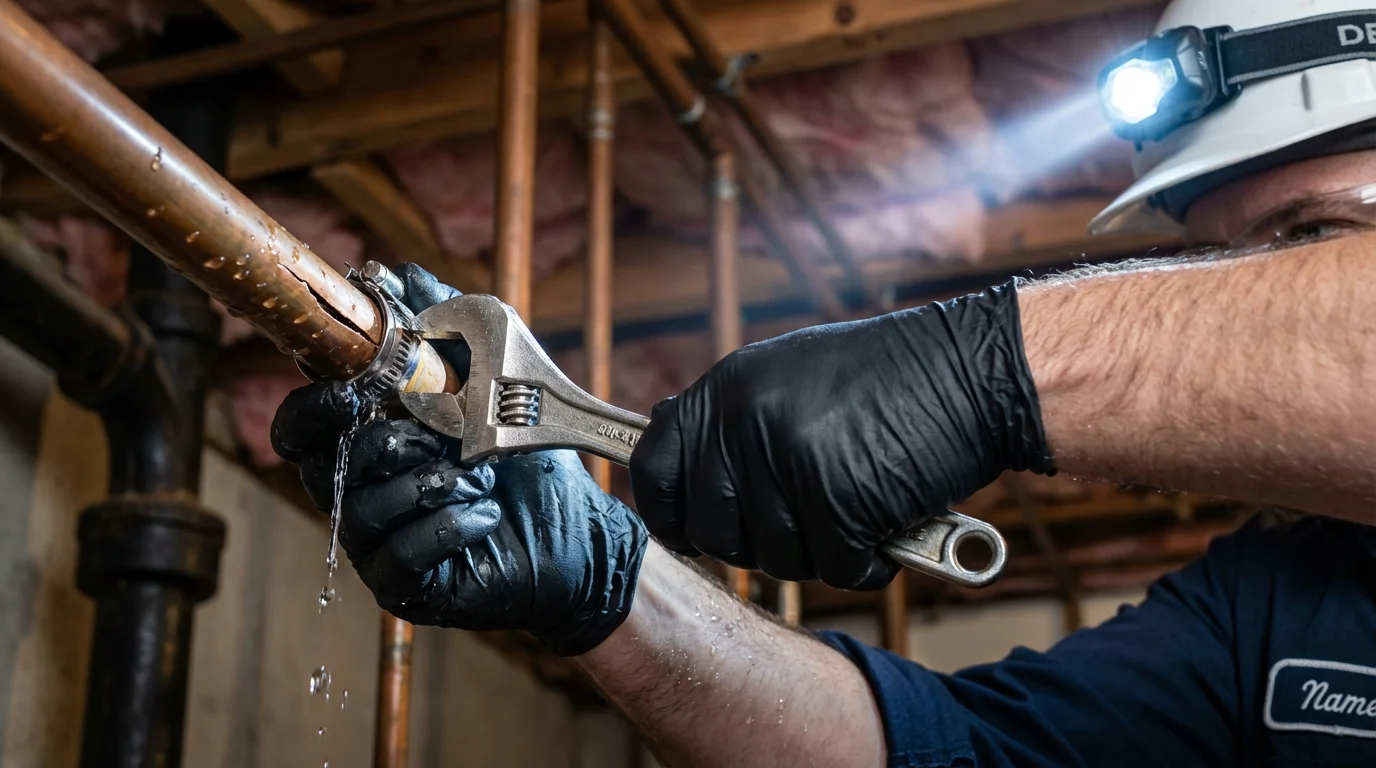 Emergency pipe clamp repair being performed by a Johns Plumbing LLC plumber in Heyworth