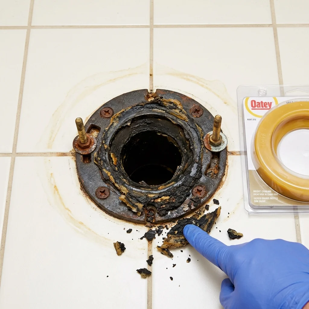 Failed wax ring showing water seepage at the base of a toilet in a Heyworth, IL home