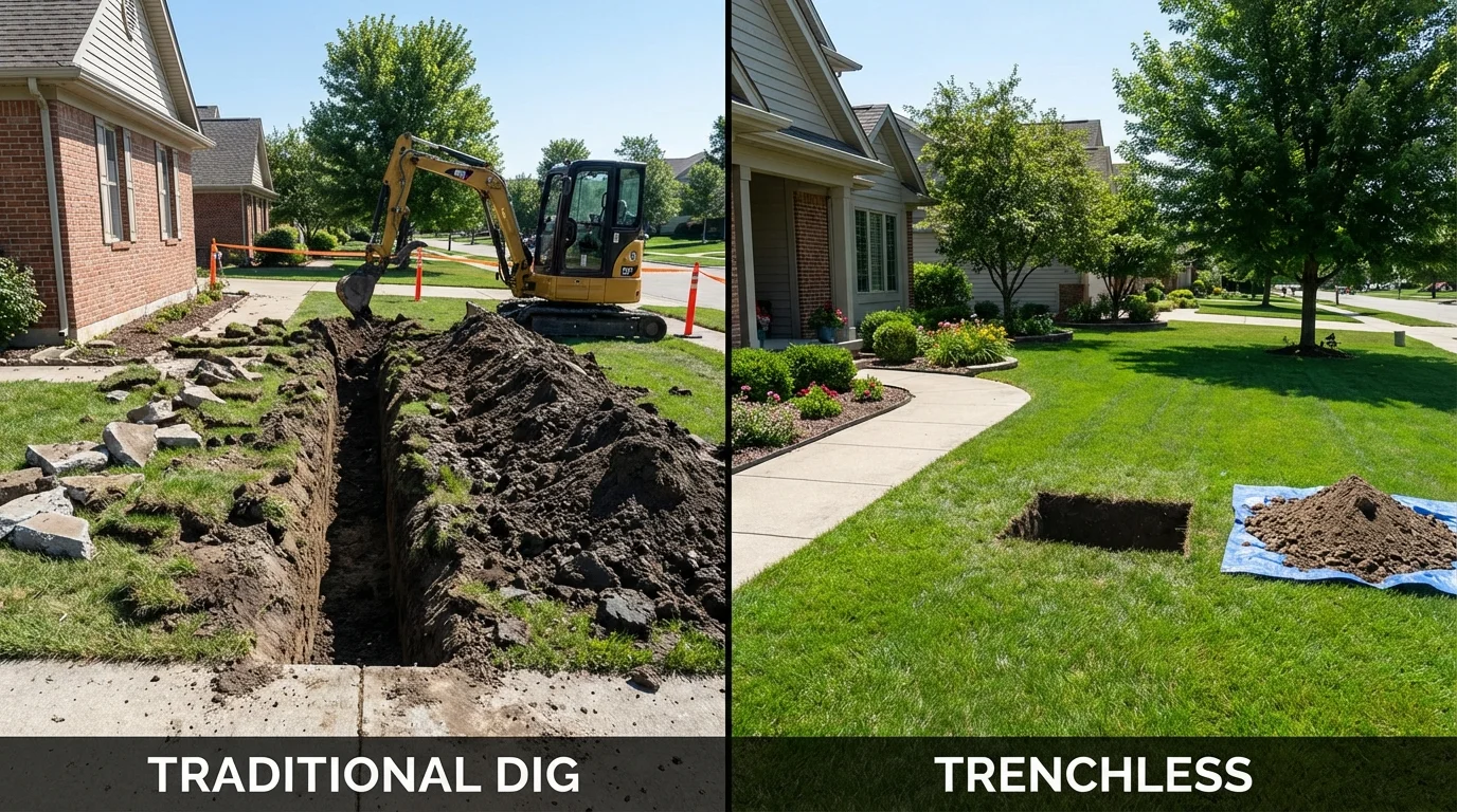 Trenchless sewer repair with minimal yard damage versus traditional excavation in Heyworth, IL